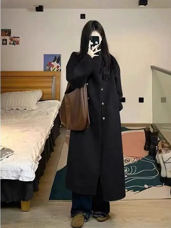 

Корейское шерстяное черное пальто премиум-класса, новинка 2025, женская верхняя одежда небольшого размера, осенний сезон, длинное повседневное пальто на пуговицах