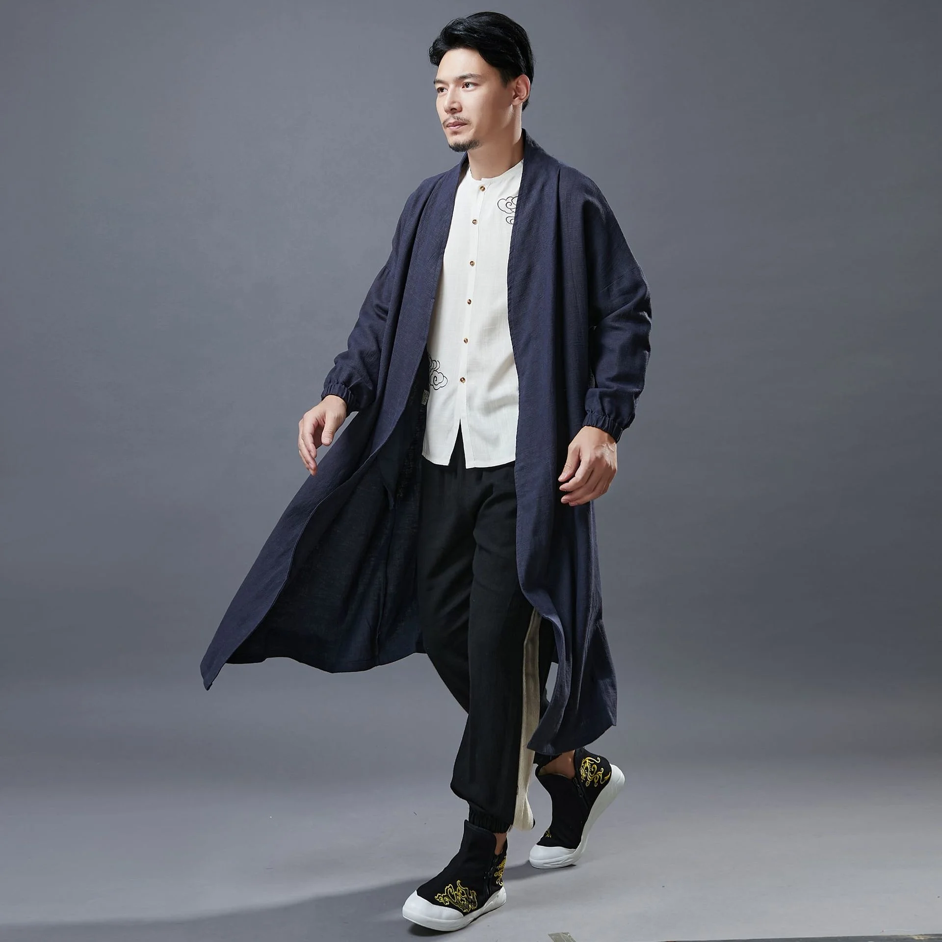 Chinese Traditional Dress Loose Long Trench Coat Casual Vintage Cardigan Men Clothing Oversized Coat Ethnic Hanfu Long Shirt