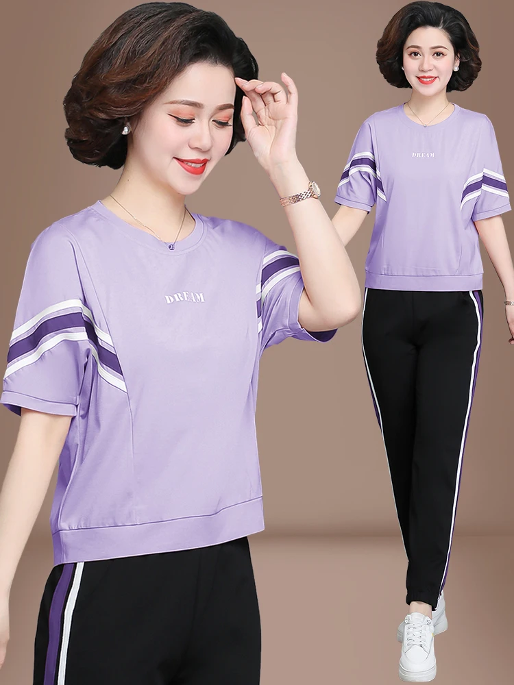 

Летний комплект одежды для женщин: модная хлопковая футболка, топ с коротким рукавом для среднего возраста, спортивная одежда для женщин среднего возраста, повседневный свободный крой, комплект из двух предметов.