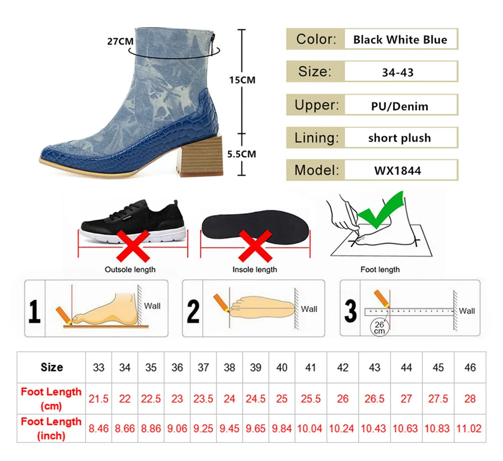 Ankle Boots Women Short Boots Ladies Thick Chunky Medium Heel Pointed Toe Biker Boot Shoes Big Size 34-43 Boats Mujer Blue White