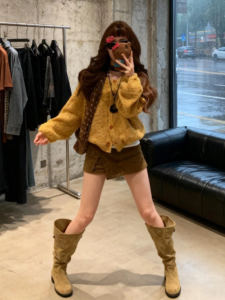 

Yellow Knitted Open Cardigan And Short Skirt Set plus Size Comfortable Soft Fashion Korean Style Autumn Outfit for Women