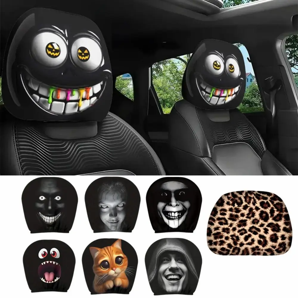 2Pcs Cartoon Car Headrest Covers Exaggerated Funny Face Expressions Car Pillowcase Cool Decorations Washable Car Seat Headcover