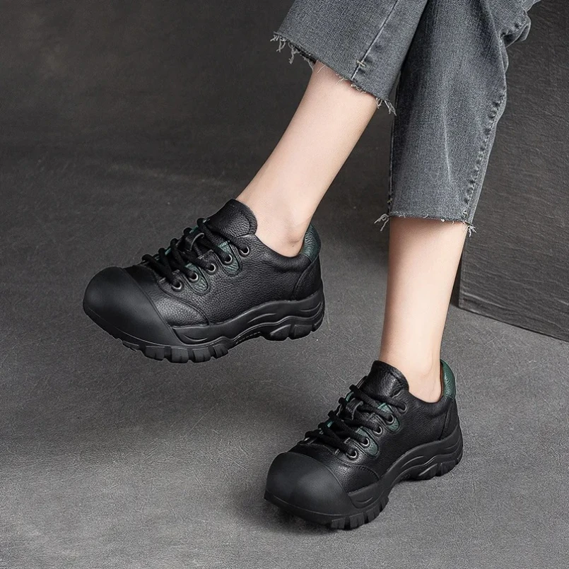 

2025 г., модная женская обувь из натуральной кожи, противоударная обувь на плоской платформе с круглым носком, удобная мягкая обувь для отдыха на шнуровке
