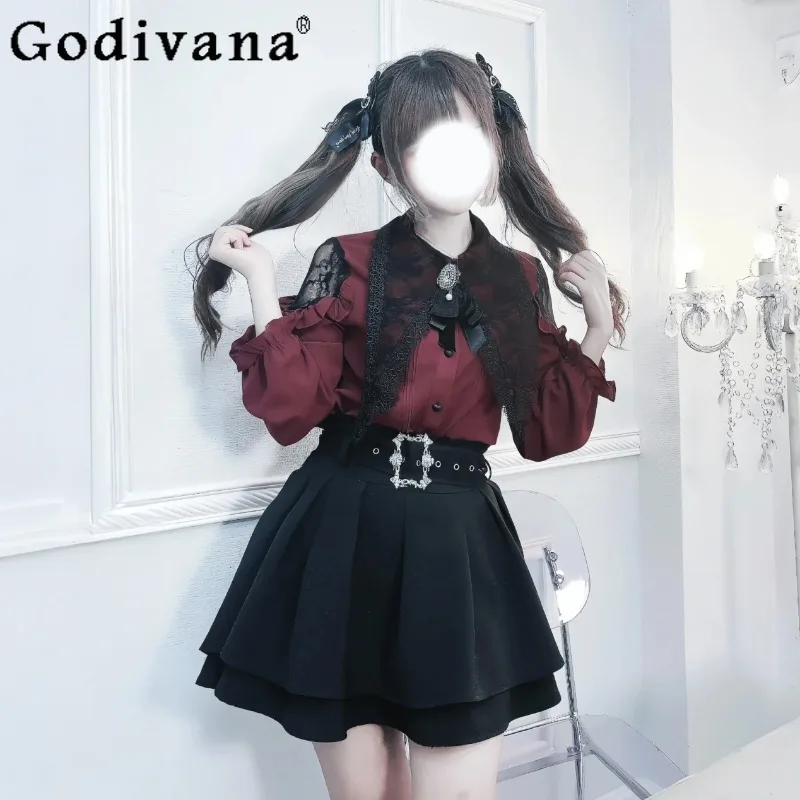 

Long Sleeve Shirt and Black Short Skirt Outfit Women Lace Up Sweet Two Pieces Skirt Suits Female Japanese Style Lolita Set