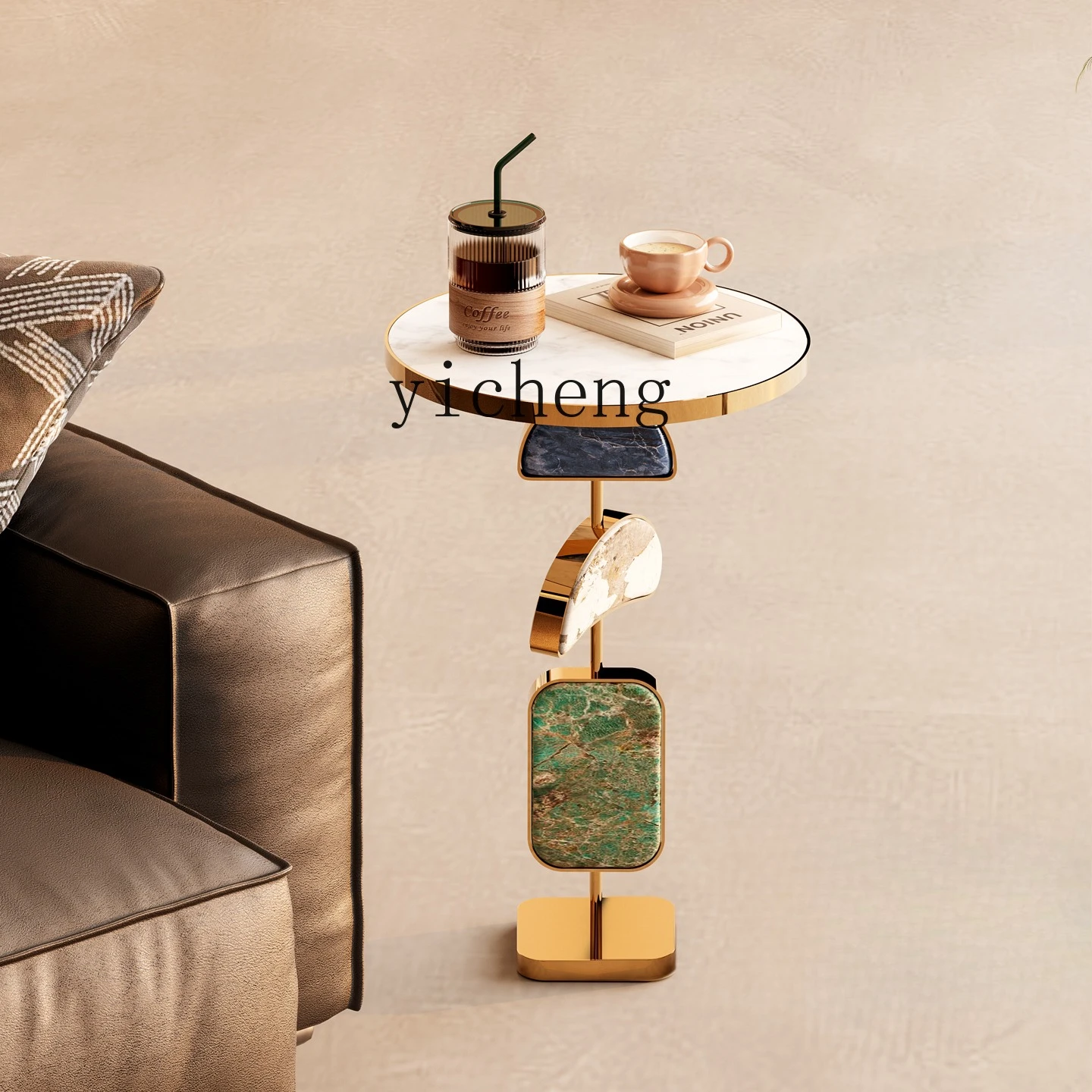 

LSL Italian light luxury creative marble edge panel personalized metal small coffee table designer