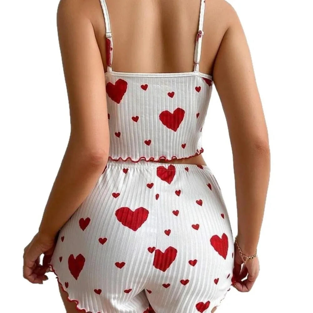 Comfortable Love Heart Women's Pajamas Set Homewear Summer Two Piece Nightwear Bow Cami Shorts Pajamas Girl
