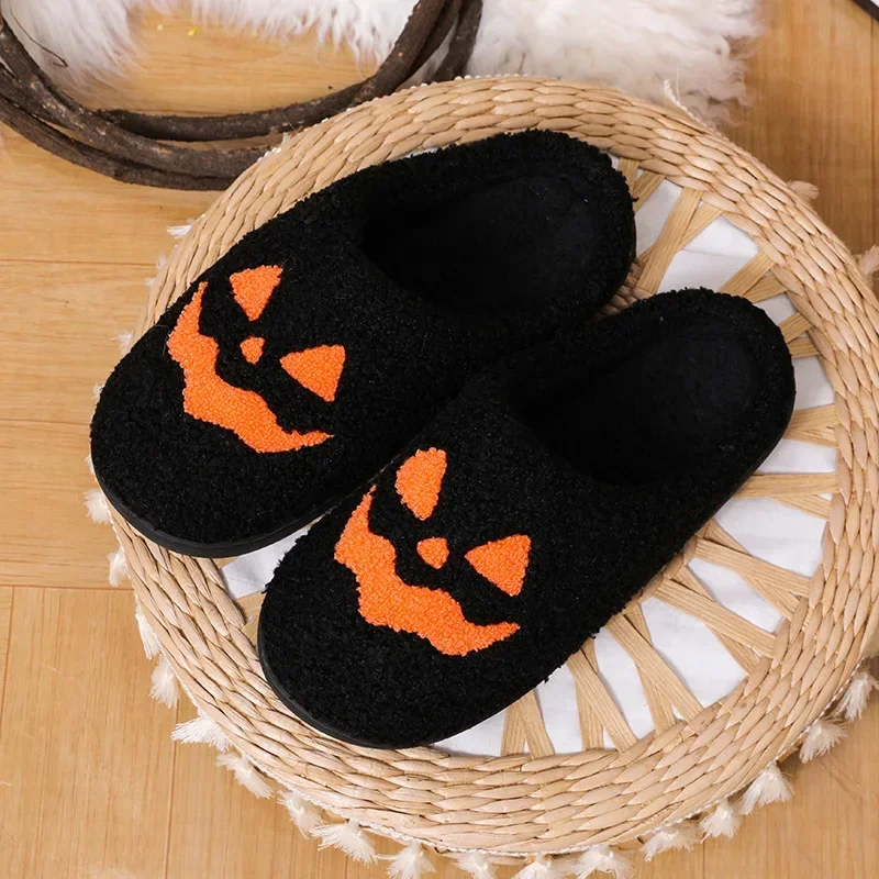 YNPO Halloween Pumpkin Slippers Women Soft Plush Non Slip Indoor Cotton Slides Woman Keep Warm Comfortable Winter House Slippers
