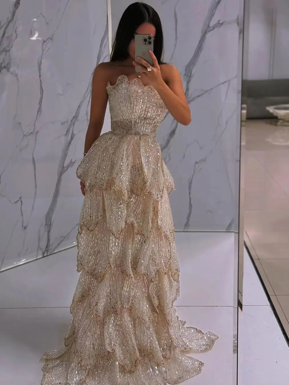 

Customized Luxury 3D Floral Sequins Evening Dress Tiered Ruffles A-Line Strapless Prom Gown vestidos de fiesta for Wedding Party