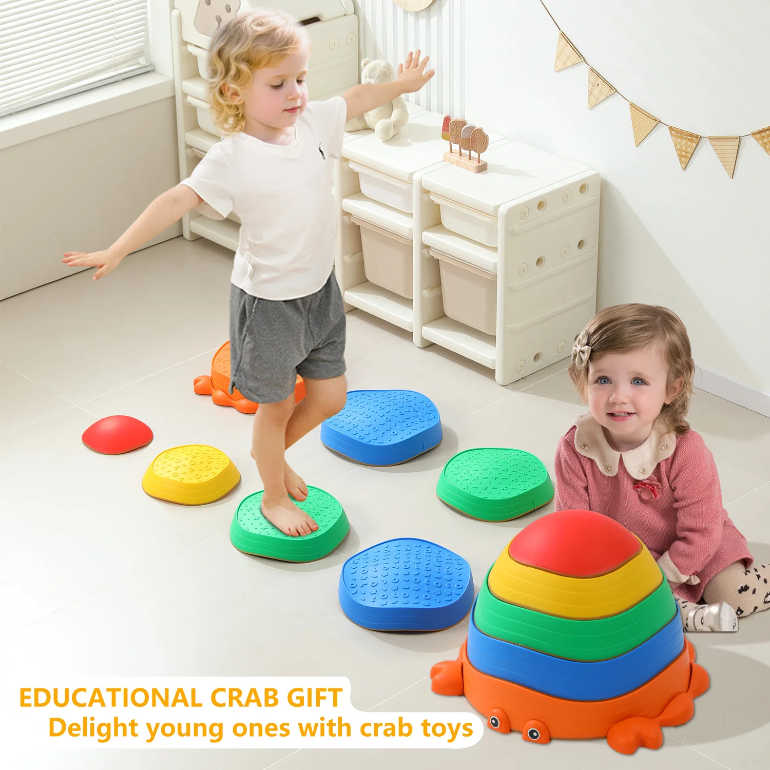 أحجار متدرجة للأطفال، 5 قطع من أحجار توازن السلطعون غير القابلة للانزلاق، أحجار الخطوات الحسية لتعزيز توازن وتنسيق الأطفال الصغار