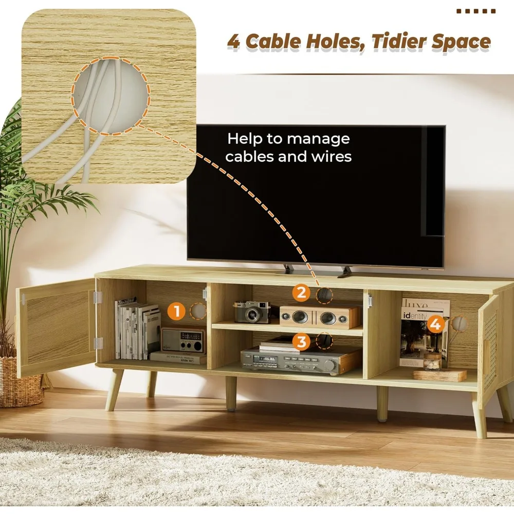 Suporte de TV Boho para TV de 65 polegadas, centro de entretenimento com prateleira ajustável, console de TV de vime com 2 armários, console de mídia, sólido