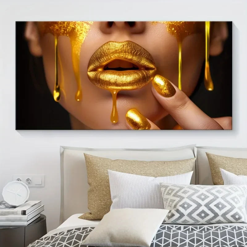 (1PC Unframe)1pc Frameless Canvas Art Print Nordic Style Female Model Lips with Golden Accents, for Living Room, Bedroom, Offic