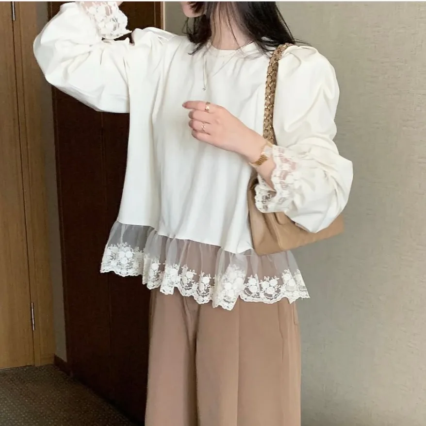 시크한 한국 스타일 여성용 긴 소매 레이스 스플라이싱 달콤하고 젊은 트림 장식 출퇴근용 루즈핏 통기성 좋은