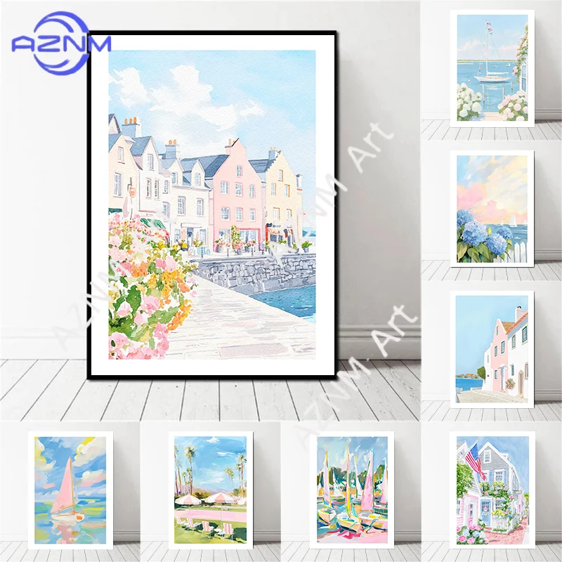 Pink and Blue Summer Seaside Villas Nantucket Hydrangea And Sailboat Landscape Art Poster Canvas Print Hotel Homestay Wall Decor