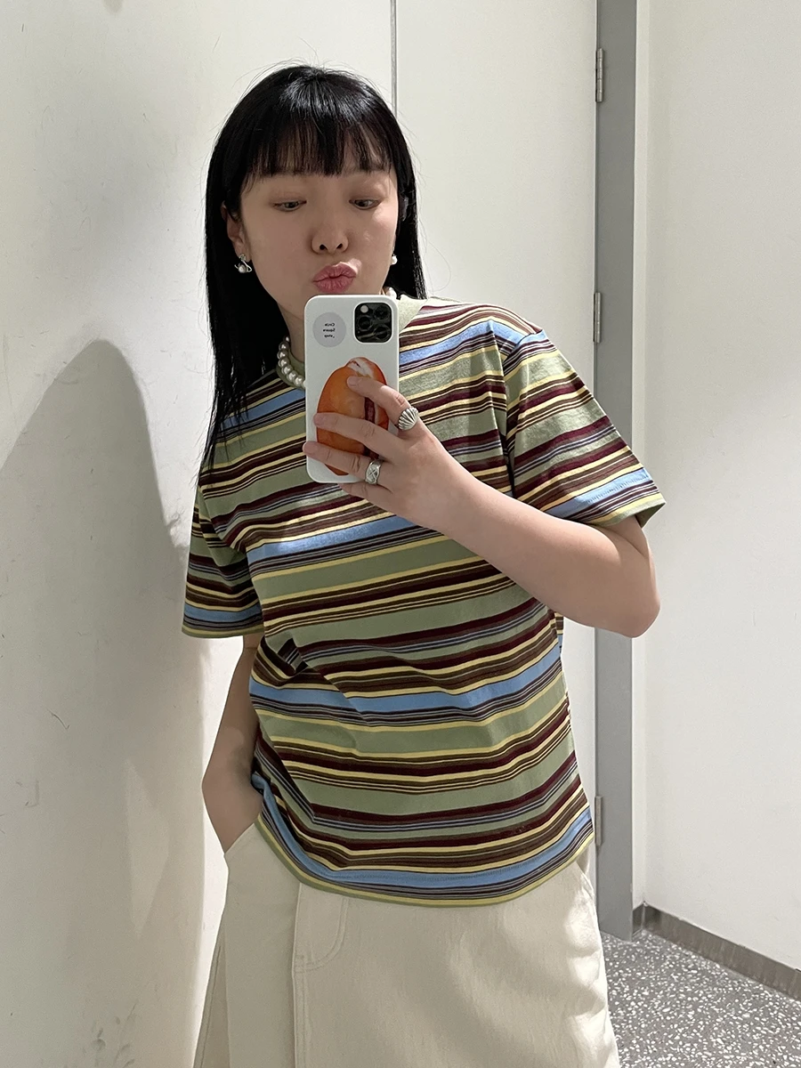 

EenGao Summer Cotton Stripe round Ne ort Sve T-irt Retro Commute Sle Pure Cotton Plain Color Binding Design