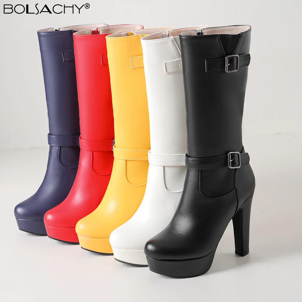 Women's Round Toe Thick sole Boots Ladies Classics Belt Buckle Mid-Calf Boots Women Side Zip Platform Shoes Large size 45 47