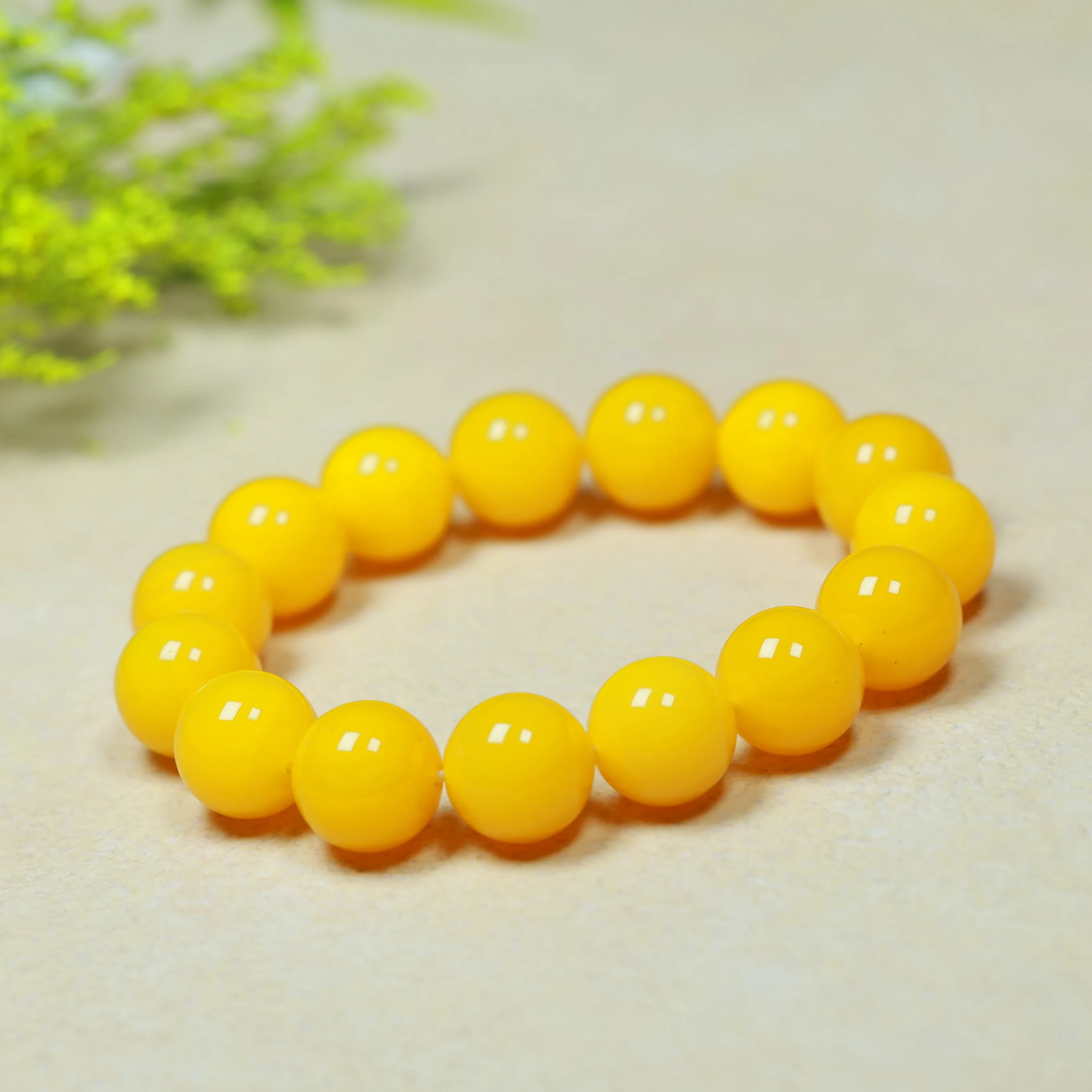 Bright Yellow Amber Resin Round Bead Bracelet, Glossy Smooth Beads Elastic Stretch Bangle Unisex Lucky Gemstone Style Jewelry