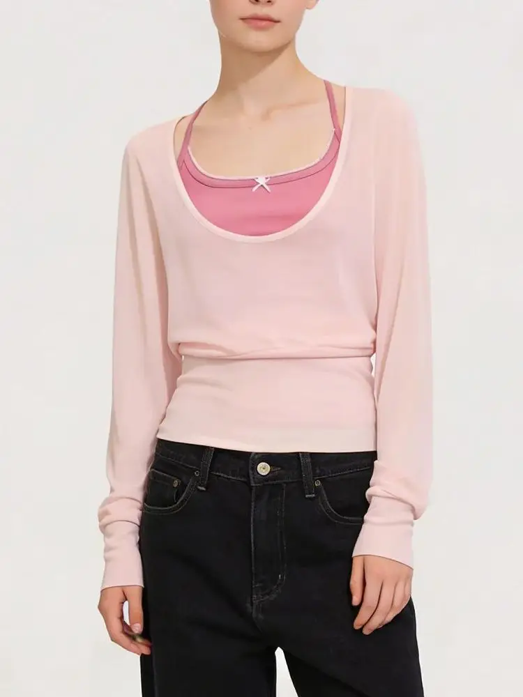 

Women's Pink Bowtie Long Sleeve T-shirt Y2K Harajuku 2000s Style Cute Retro Casual Top for Spring/Autumn Clothing 2026 New