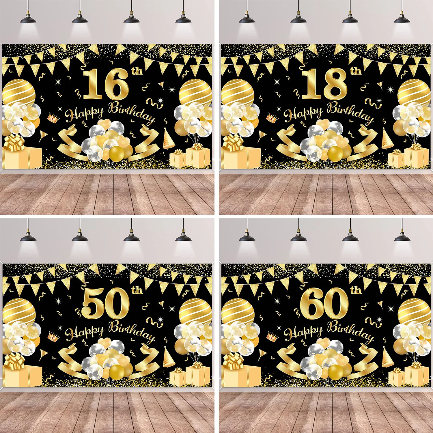 

Black Gold Birthday Party Decoration Banner Backdrop for Girls Boys Men Women 16th 18th 21st 30th 40th 50th 60th 70th Background