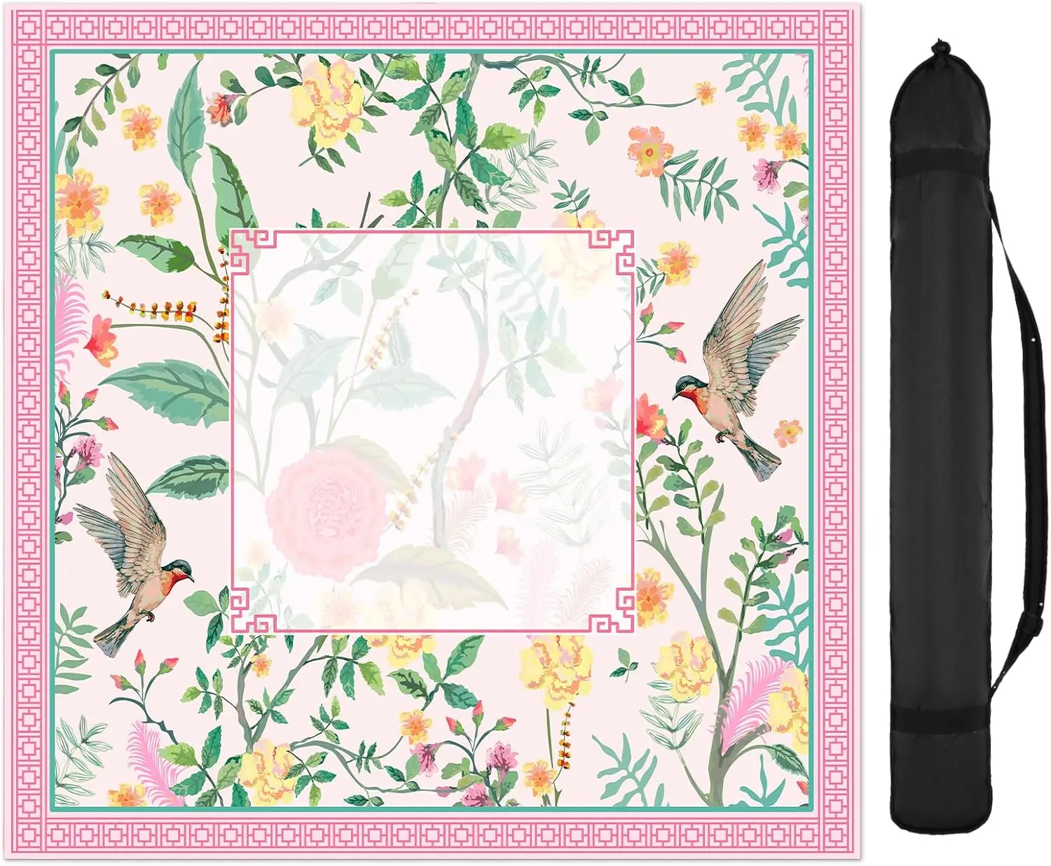 Pink Bird Floral Chinoiserie Mahjong Mat 31.5