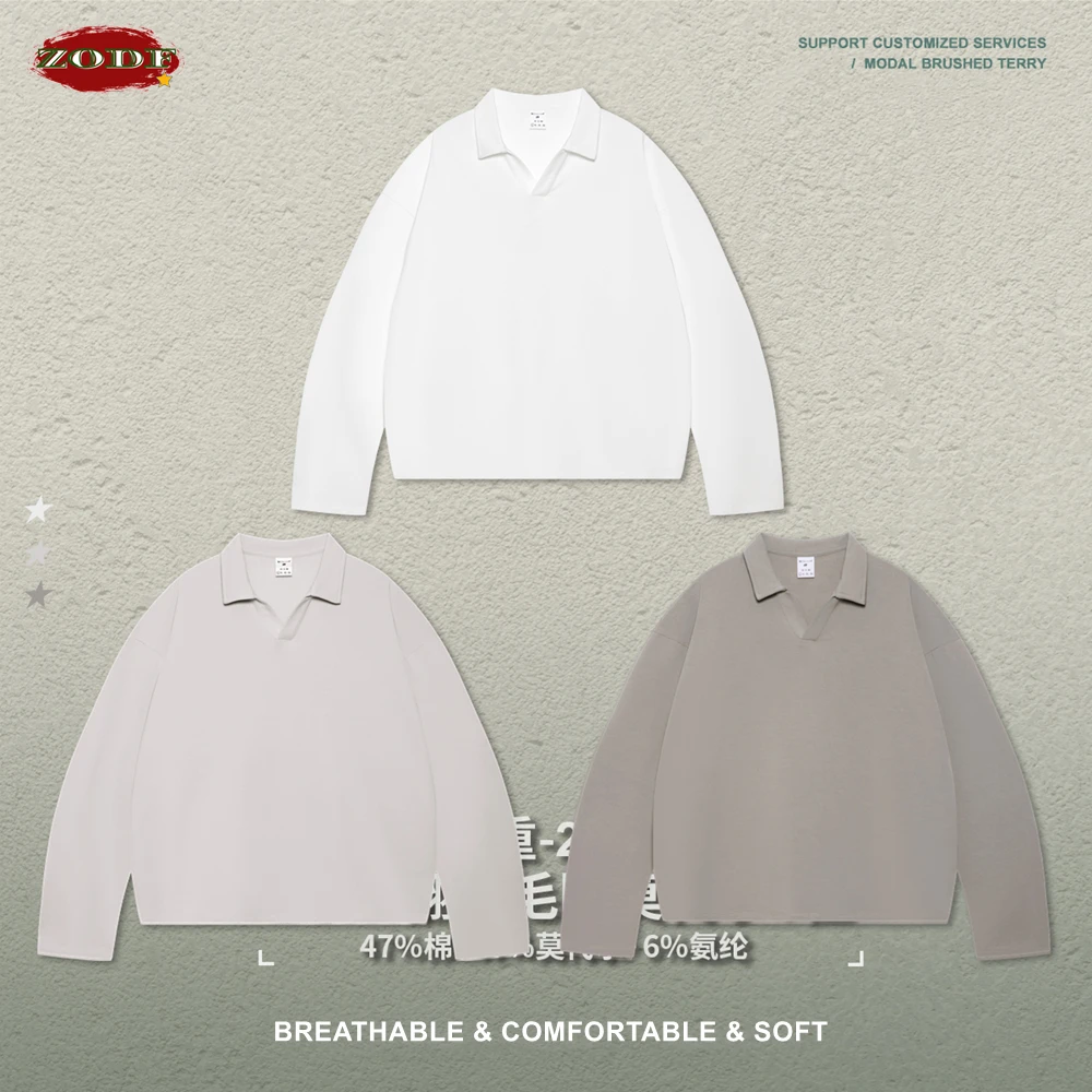 ZODF Men Vintage Boxy Fit Long Sleeve T-shirt Fall Winter Seagull Collar Modal French Terry Casual Streetwear Tops HY1348