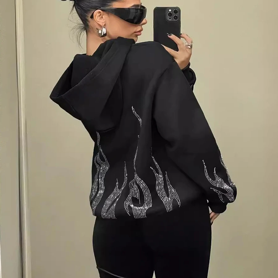 

Черные женские уличные толстовки на молнии, модная шикарная куртка с капюшоном и длинными рукавами со стразами Y2K, свободные толстовки, кардиган, топ