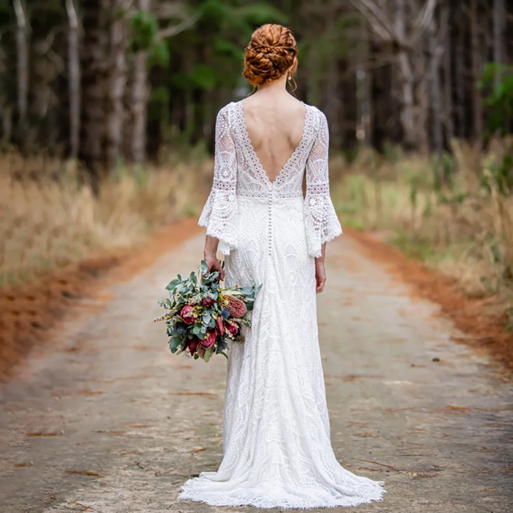 Vestido de novia bohemio elegante con mangas acampanadas, encaje, cuello de ilusión de barco, vaina sin espalda personalizada, fotos reales, vestidos de novia, 3/4