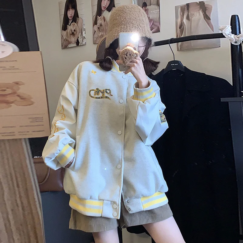 Jaquetas de Beisebol Azul Claro Femininas Outono com Zíperes em Lona Estilo Boyfriend Duráveis Casuais com Capuz em Lã Gradiente Decoradas com Fivela Avançada