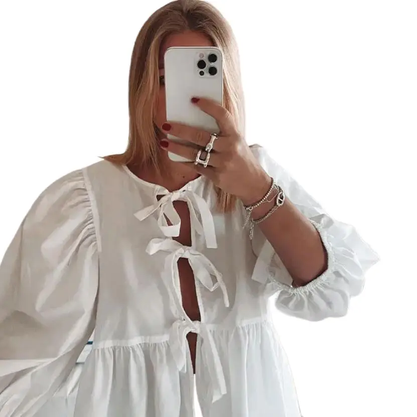 

2025 New Fashion Slim Puff Sleeve Slim Shirt Summer Casual Loose Solid Color Round Neck Strappy Pleated Top For Women