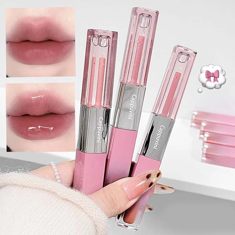 NEW 1Pc Cappuvini Double Head Nude Mousse Lip Mud Velvet Matte Lipstick Mirror Lip Tint Water Gloss Raincoat Lip Oil Non Stick