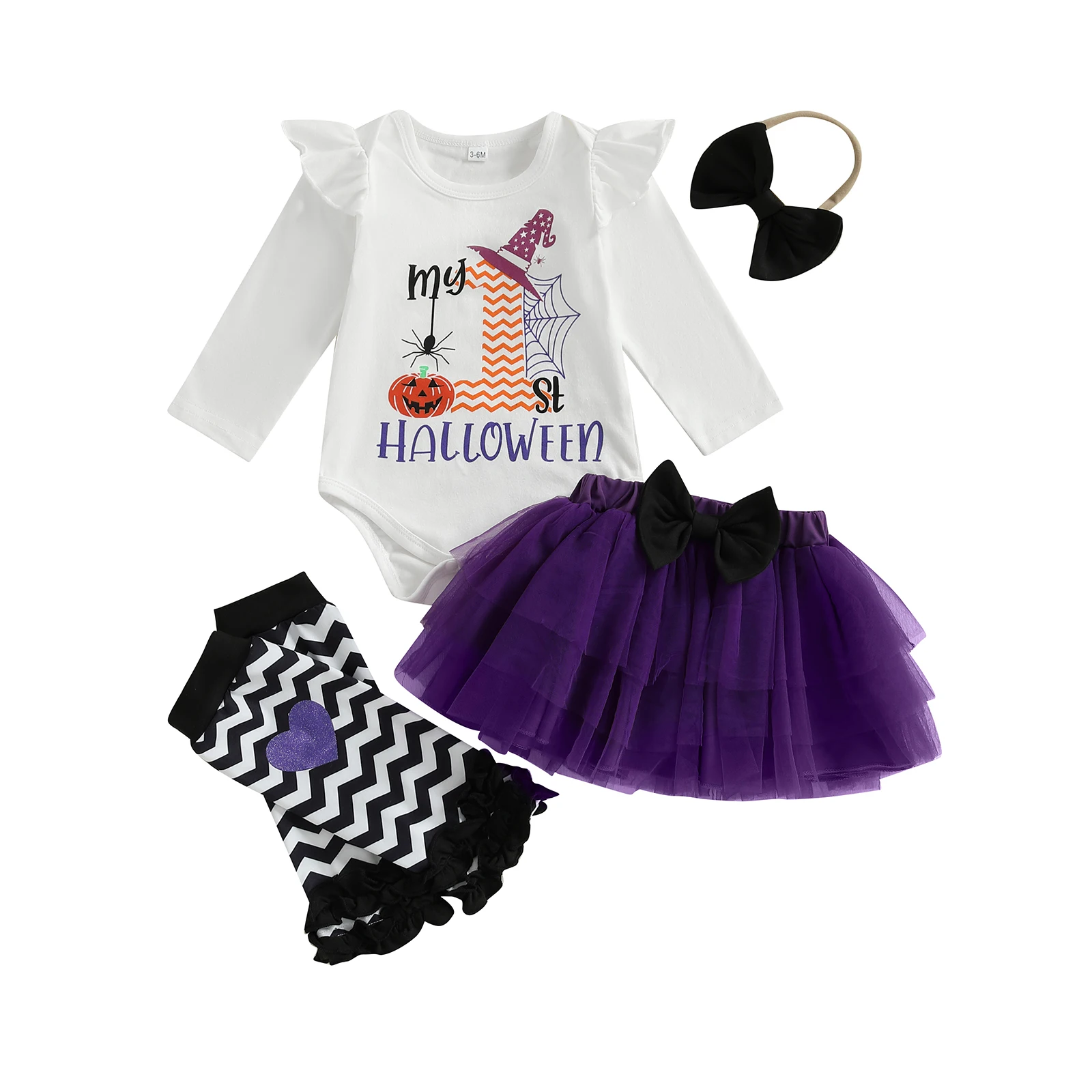 

Baby Girl Halloween Outfits Number Print Long Sleeve Round Neck Jumpsuit with Tutu Skirt and Bow Headband Leg Warmer