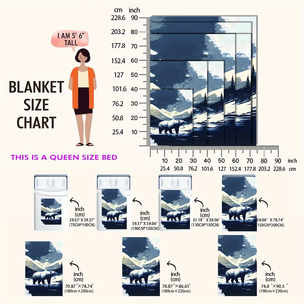 1pc Arctic Bear & Snowy Mountain Landscape Fleece Throw Blanket – Plush, Large Arctic-Themed Decor for Home, Sofa, Car, and Offi