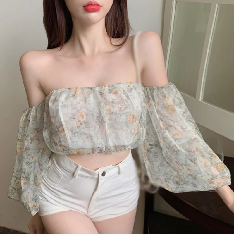 Women Summer Floral Crop Tops Short Length Chiffon Shirt Floral Print Tops Sexy Casual Tunic Tops Off Shoulder Blouse