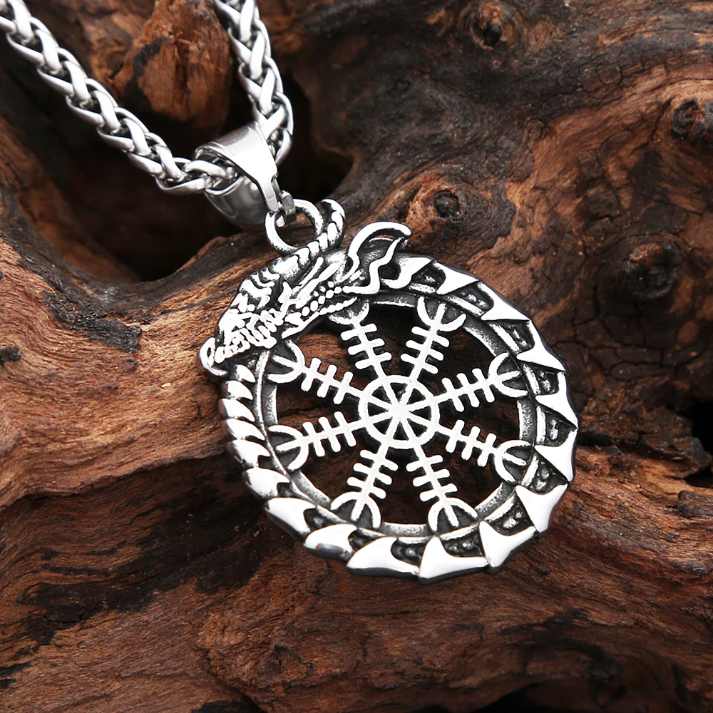 Vintage Vikings Dragon Ouroboros Pendant Necklaces For Men Stainless Steel Nordic Viking Compass Necklace Fashion Amulet Jewelry