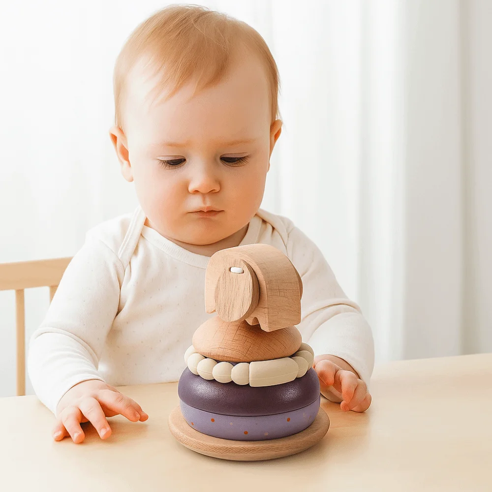 Drewniane klocki do układania dla niemowląt, układanka edukacyjna Montessori z zwierzętami, puzzle do układania, słonik, dzwonek, gryzak, prezenty dla noworodków