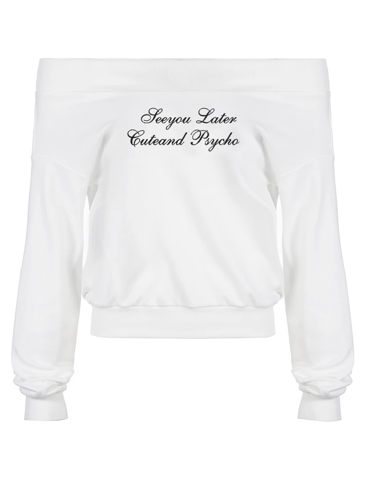 Weekeep Casual Off-shoulder Hoodies White Long Sleeve Slash Neck Sweatshirt Y2k Letter Print Loose Women Clothing Autumn Ladies