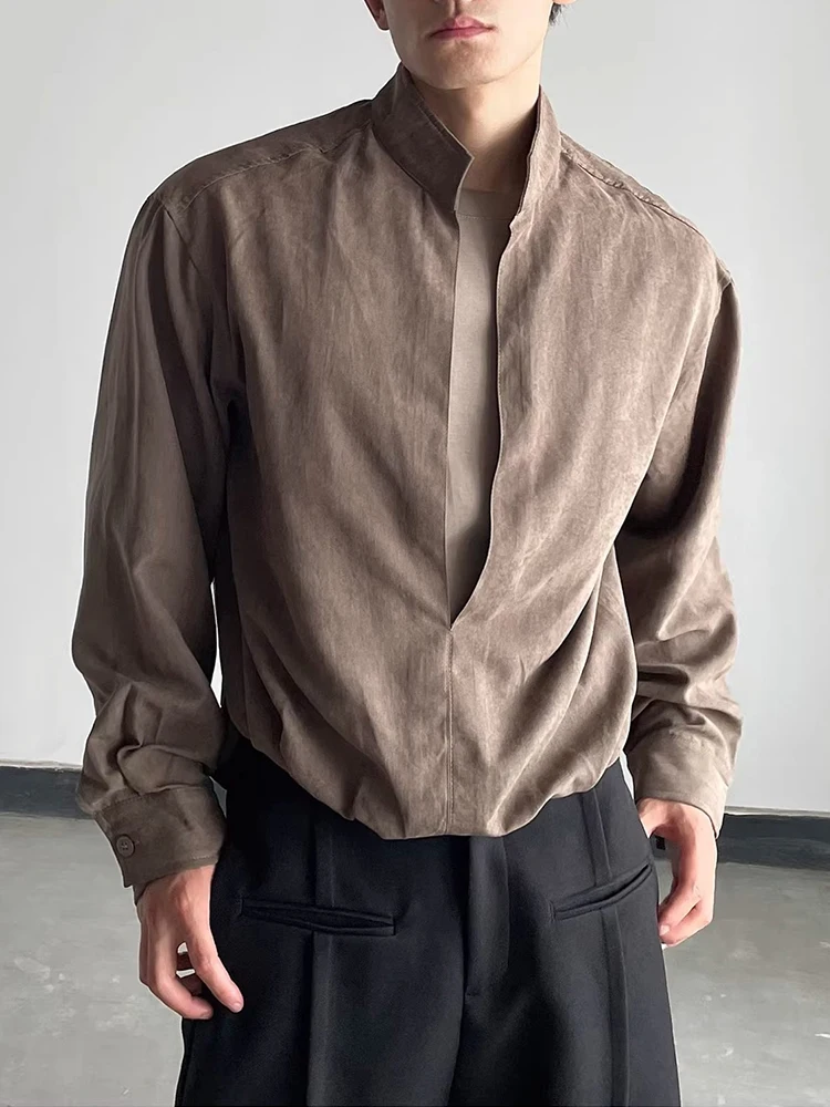 Trendy Mens Double-layered Design Shirt Pullover 2026 Spring Casual Long Sleeve Stand Collar Shirts Men Vintage Slim Fit Shirts