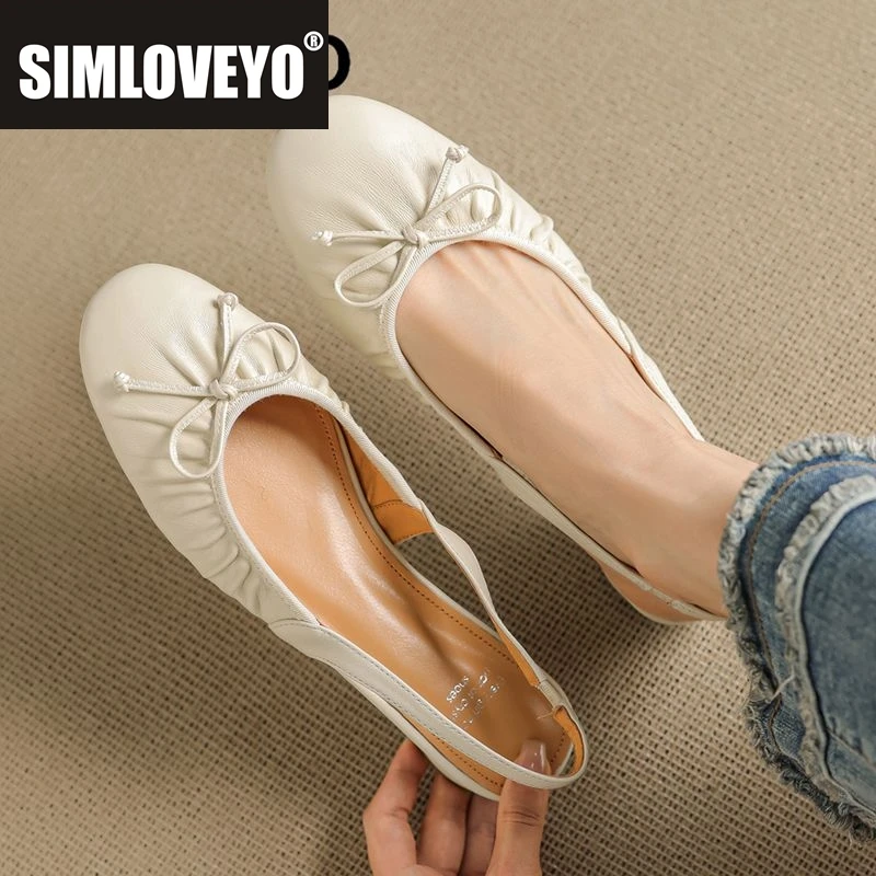 

SIMLOVEYO милые сандалии из натуральной кожи для девочек с круглым носком на плоской подошве без шнуровки и бантом из овчины, мягкая повседневная женская обувь для отдыха, размеры 33, 40