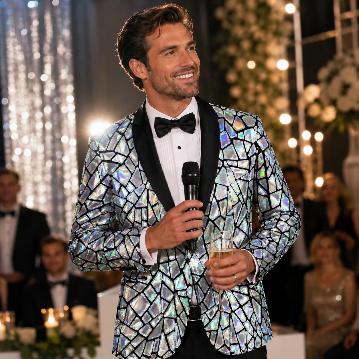 

Men's Laser Sequin Blazer Jacket Shawl Lapel One Button Shiny Wedding Party Dinner Tuxedo Jacket for Nightclub Male Host