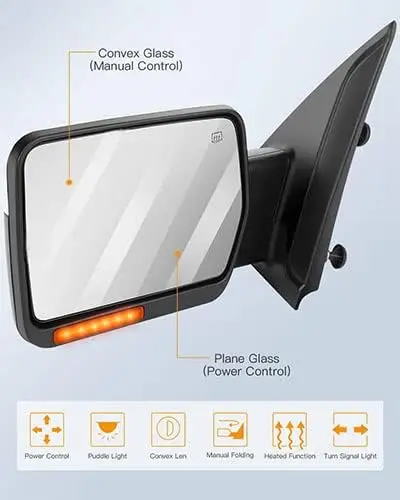 Towing Mirrors for 2004 - 2014 Ford F150, Chrome, with Power Control, Heated, Turn Signal and Puddle Light