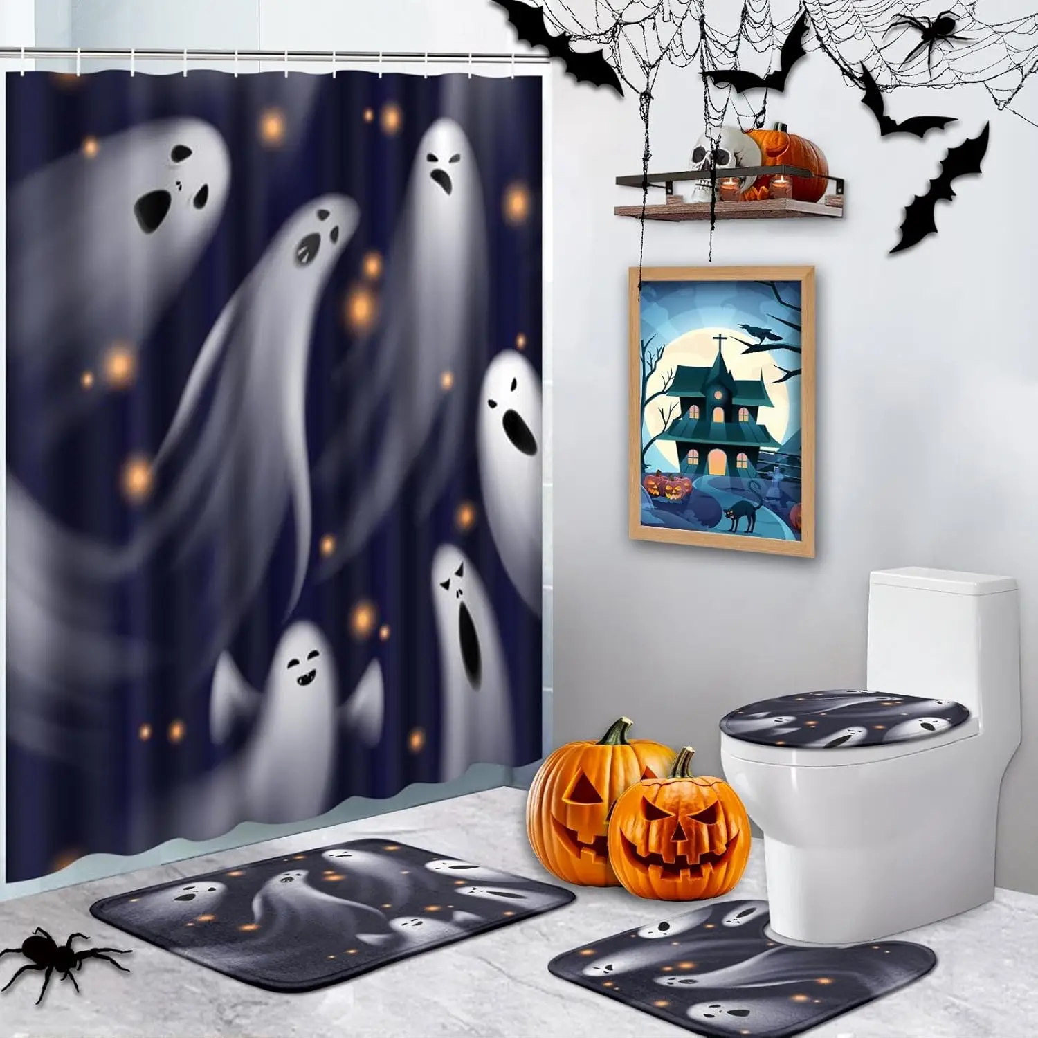 

Наборы занавесок для душа из 4 предметов, забавные водонепроницаемые наборы для ванной комнаты «Жуткий Хэллоуин» с нескользящими ковриками, крышкой для унитаза и ковриком для ванной,