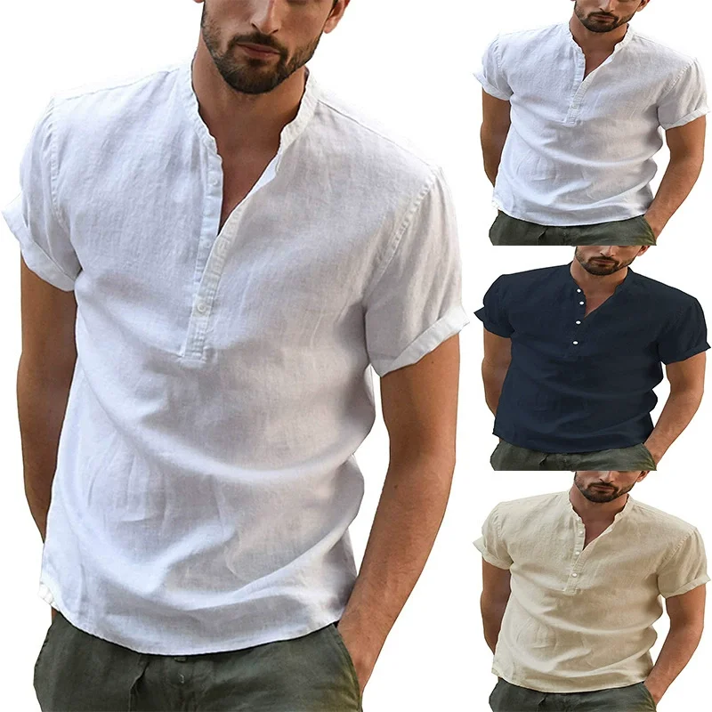 Men's Casual Cotton Linen Shirt Lightweight Short Sleeve Henley Beach Hawaiian T-Shirt for Male 2026 New Style