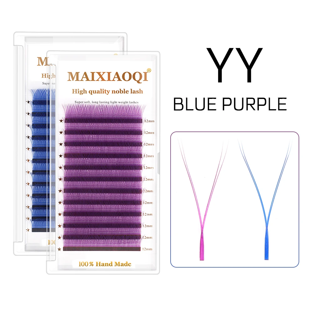 MAIXIAOQI YY Shape Eyelash Extensions Supplies Blue Purple Waved 4D Premade Volume Lashes Fluffy Natural