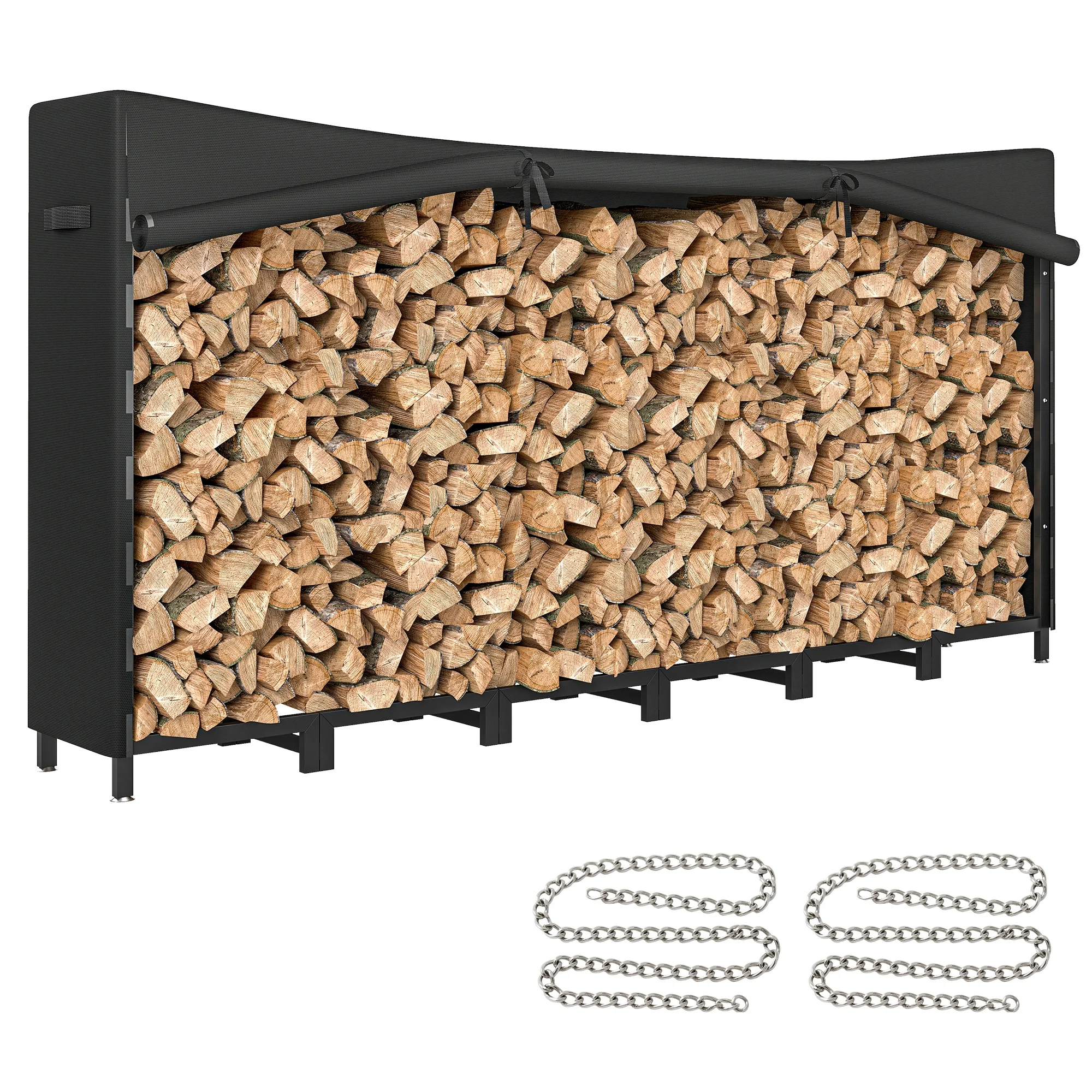 Outsunnyoutdoor metalen open haard houtrek brandhouthouder met waterdichte hoes en stalen kettingen 235X31X116 cm zwart
