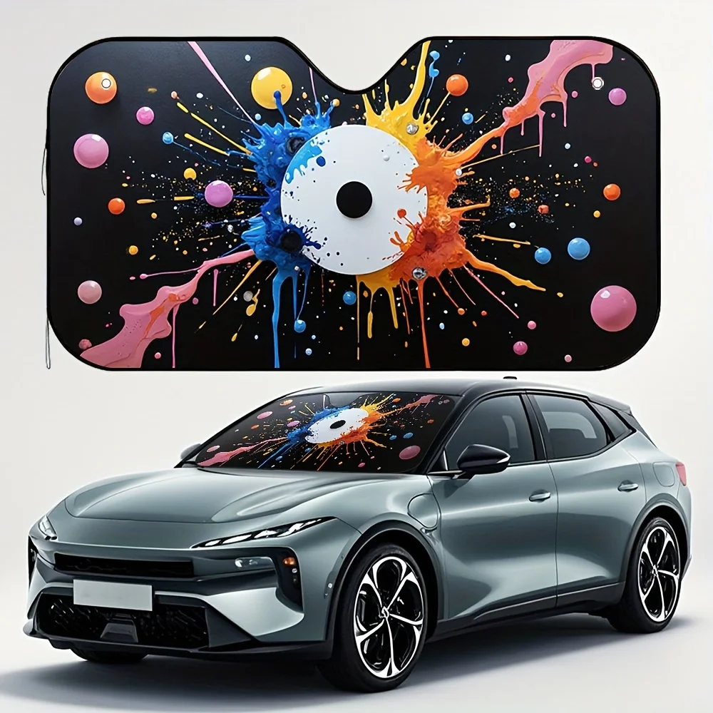 

One Piece Of 2D Carved Rainbow Dot Car Sunshade, Providing Strong Sun Protection For Camping Outings. A Charming Vehicle Accesso