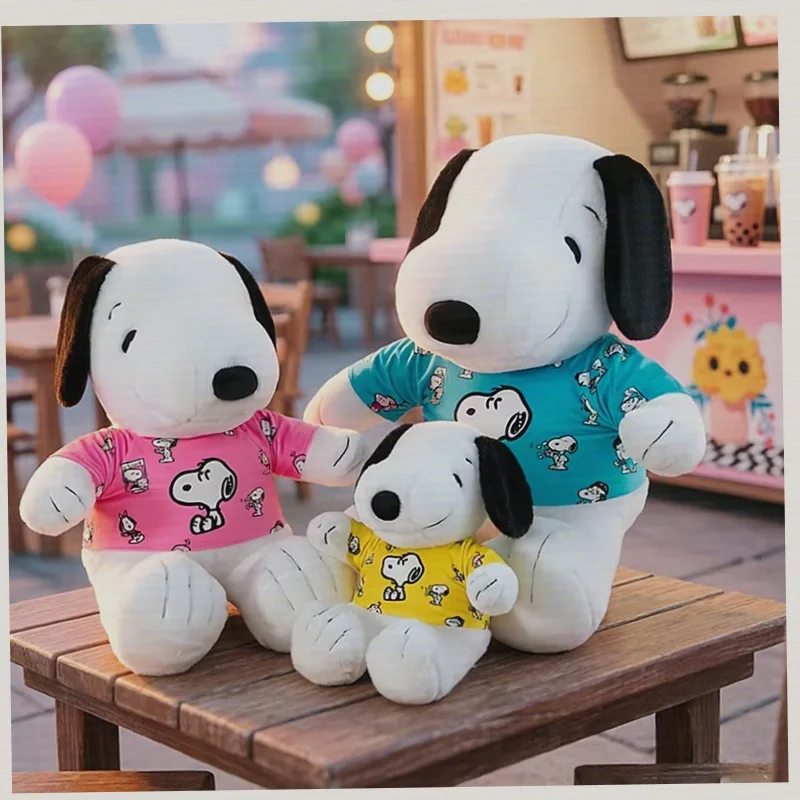 Cute Snoopy Plush Doll With Printed T-shirt, Cartoon White Dog Stuffed Toy Pink Blue Yellow Sofa Cushion Kids Birthday Gift