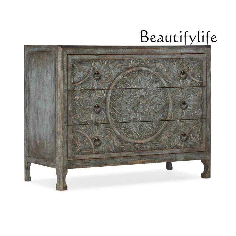 

New Classical American Three-Drawer Cabinet Sideboard Cabinet Vintage Carved Hallway Table Decorative Locker