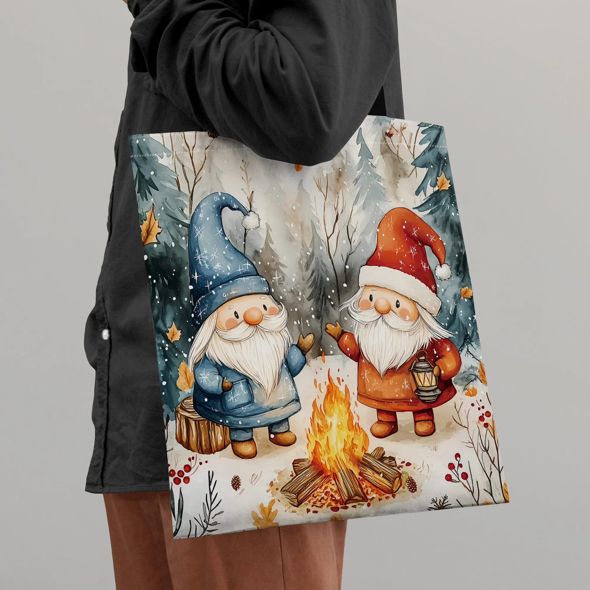 Christmas Themed Polyester Tote Bag Two Gnomes Design, Durable Shoulder Bag for Shopping Shoulder Bag Festive Handbag Casual Use