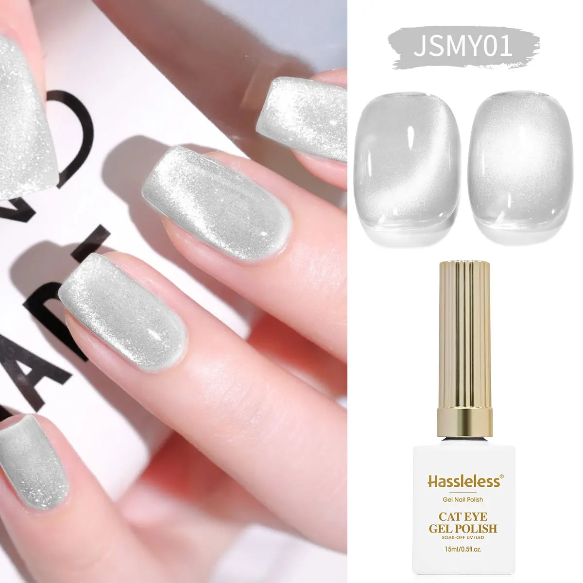 Hassleless  15ml Universal Silver Cat Eye Gel Polish. Glittery, Magnetic. Needs UV/LED Lamp. For Home & Salon DIY