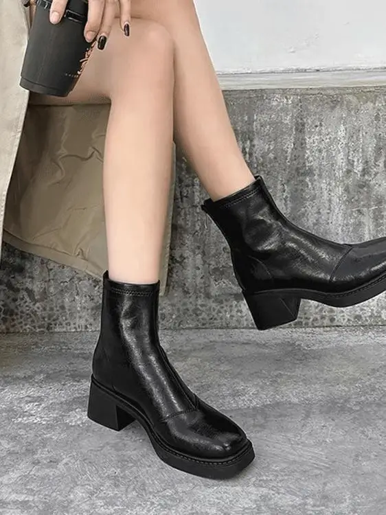 5cm High Leather Thin Boots Women Square Toe Elegant Autumn and Winter Chunky Heel  Boots Women British Commuter Chelse...