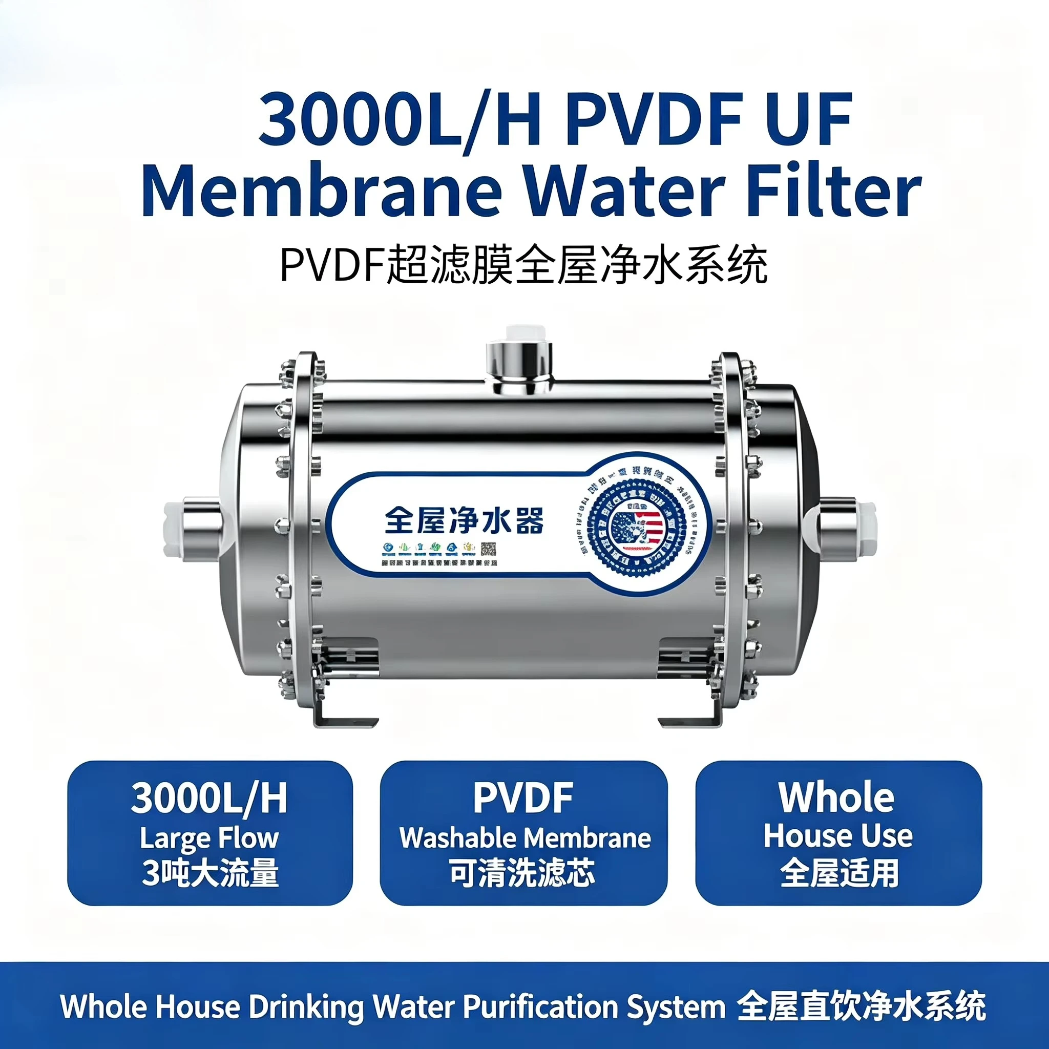 PVDF Reverse Osmosis Membrane Water Filtration System Pressure Vessel Whole House Drinking Treatment Farm Household 1 Year